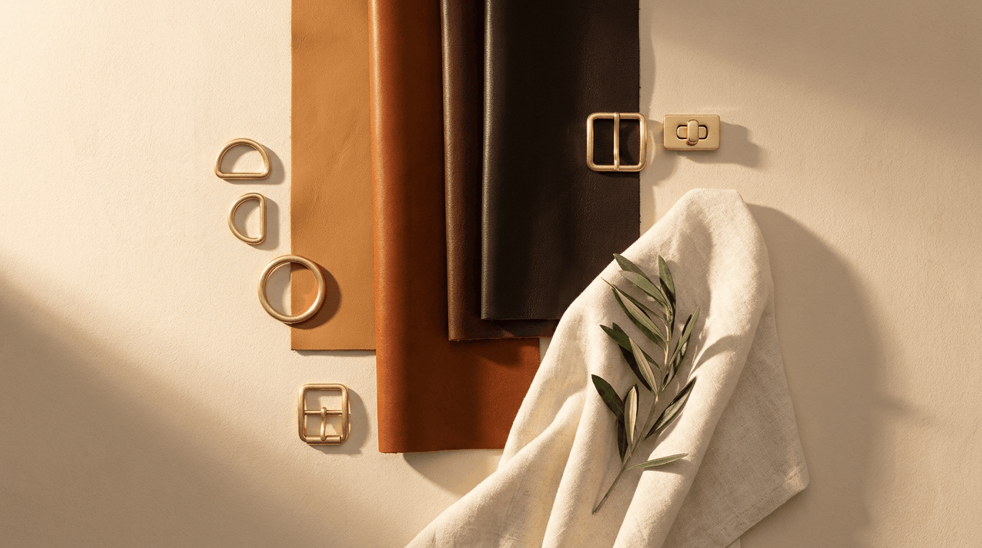 Camel and espresso leather swatches with gold hardware